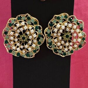 Green Rhinestone and Faux Pearl Earrings